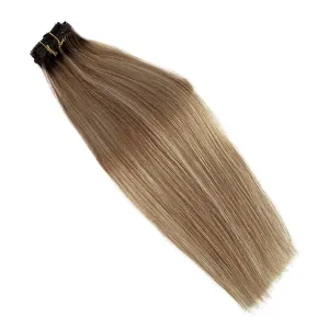 Ombre Clip in Hair Extensions Real Human Hair 22 Inch Balayage Blonde Highlights Clip in Human Hair Extensions Bleach to Golden Brown Double Weft Natural Straight Hairs 70g 7pcs