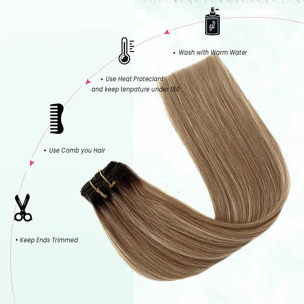 Ombre Clip in Hair Extensions Real Human Hair 22 Inch Balayage Blonde Highlights Clip in Human Hair Extensions Bleach to Golden Brown Double Weft Natural Straight Hairs 70g 7pcs