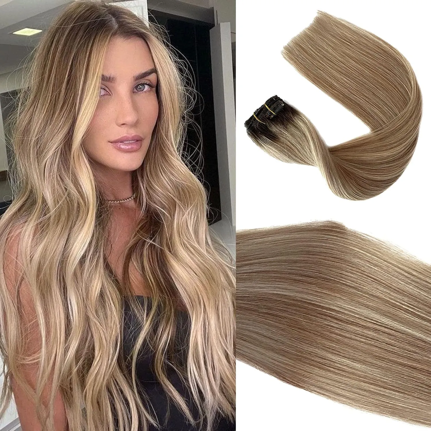 Ombre Clip in Hair Extensions Real Human Hair 22 Inch Balayage Blonde Highlights Clip in Human Hair Extensions Bleach to Golden Brown Double Weft Natural Straight Hairs 70g 7pcs