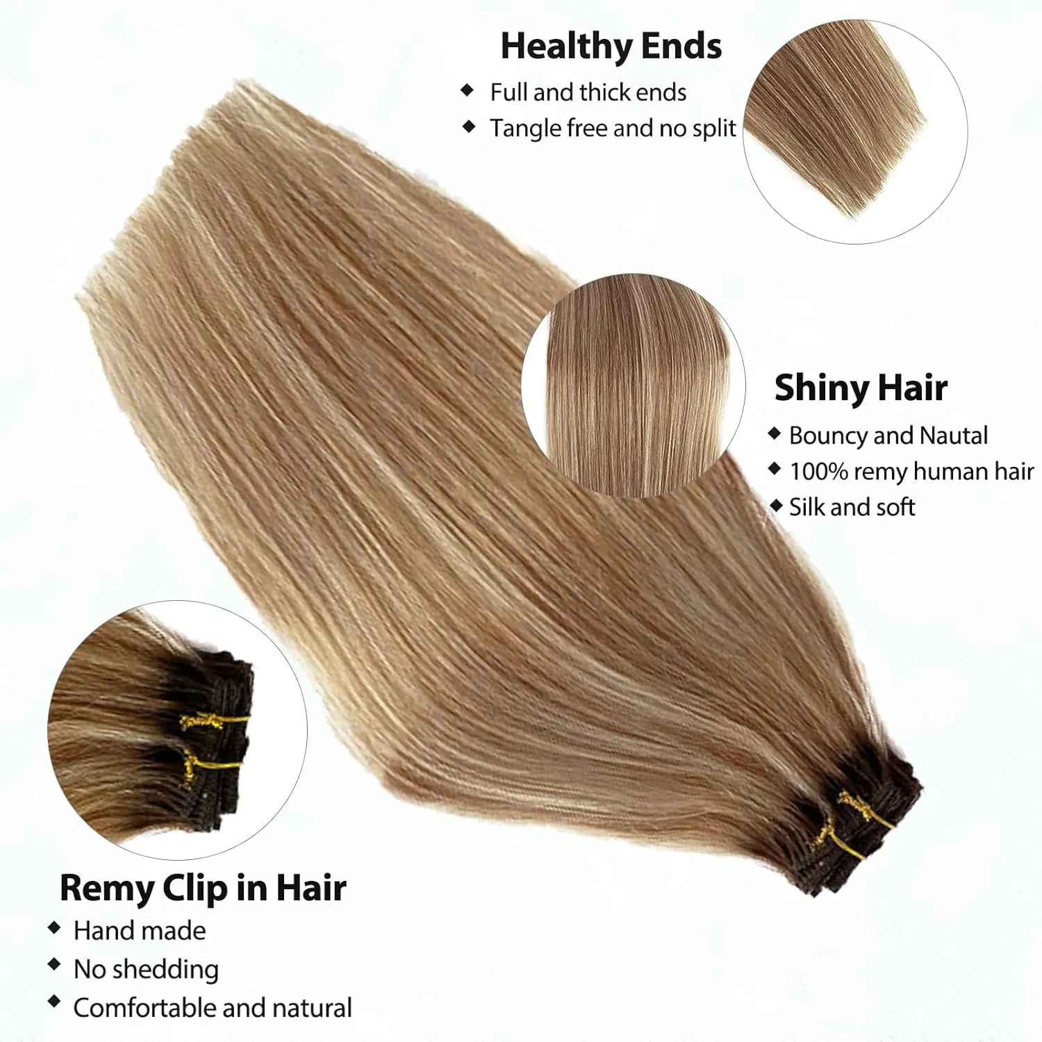Ombre Clip in Hair Extensions Real Human Hair 22 Inch Balayage Blonde Highlights Clip in Human Hair Extensions Bleach to Golden Brown Double Weft Natural Straight Hairs 70g 7pcs