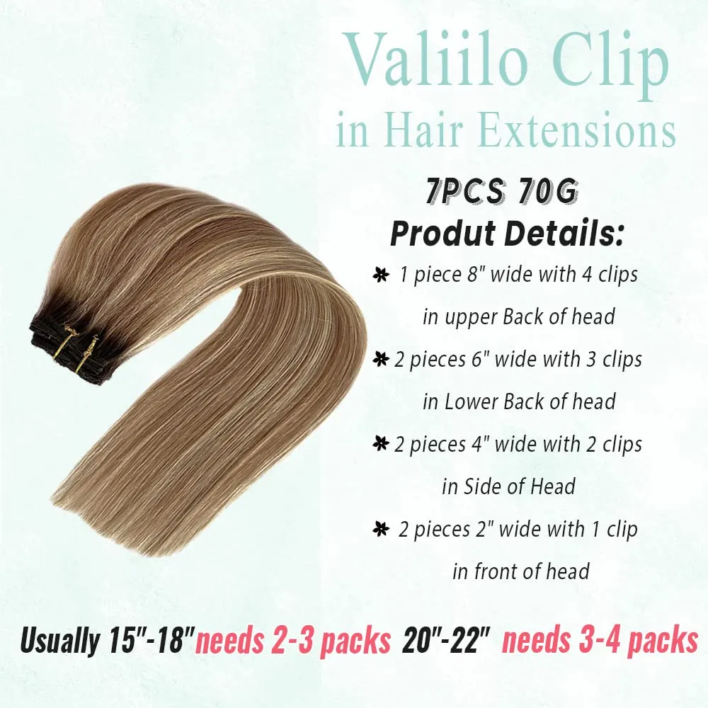 Ombre Clip in Hair Extensions Real Human Hair 22 Inch Balayage Blonde Highlights Clip in Human Hair Extensions Bleach to Golden Brown Double Weft Natural Straight Hairs 70g 7pcs