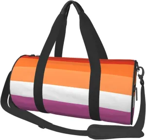 Orange Magenta Lesbian Pride Flag Round Travel Duffel Bag Large Capacity Gym Sports Bags for Hiking Vacation Trips