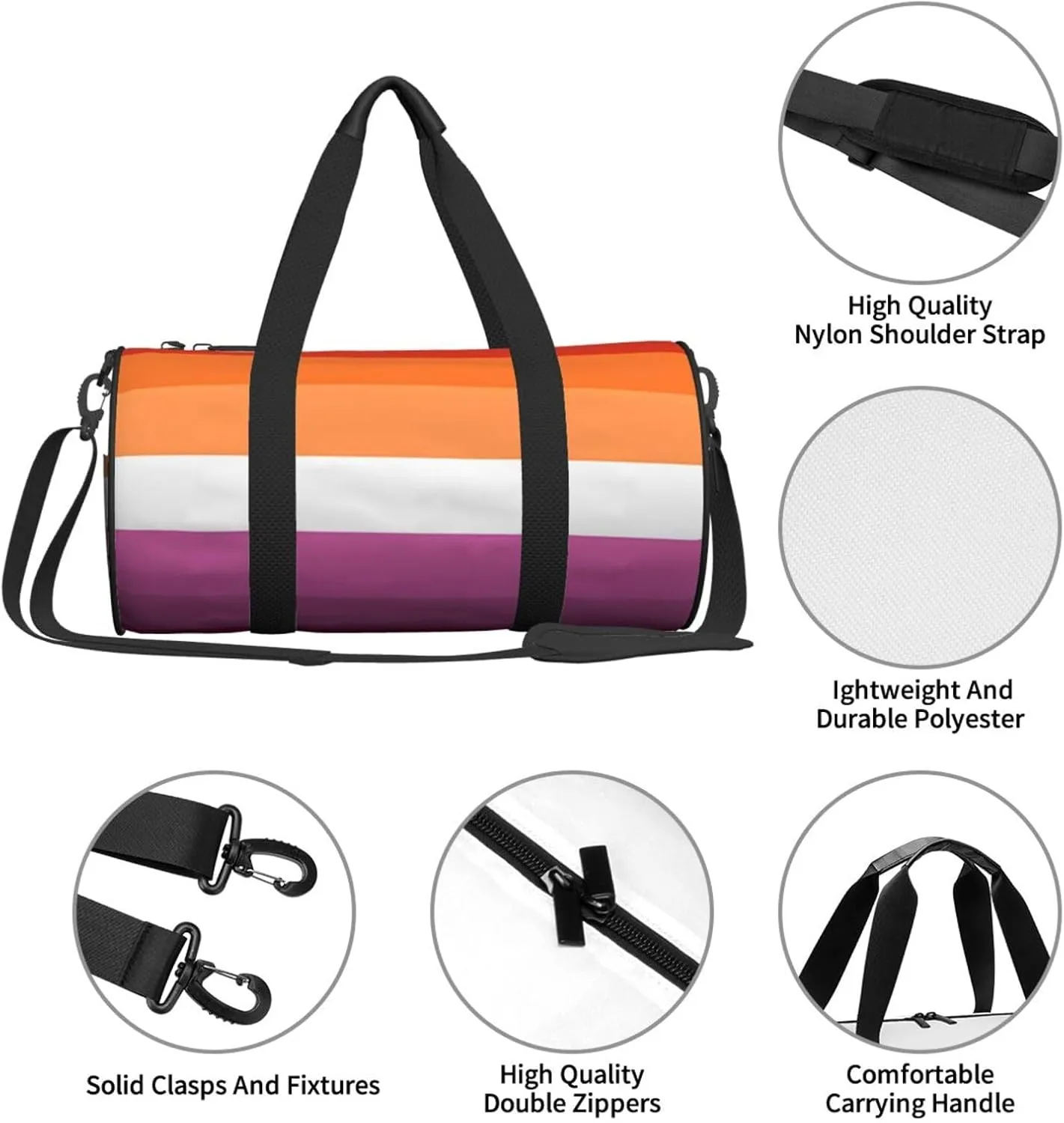 Orange Magenta Lesbian Pride Flag Round Travel Duffel Bag Large Capacity Gym Sports Bags for Hiking Vacation Trips