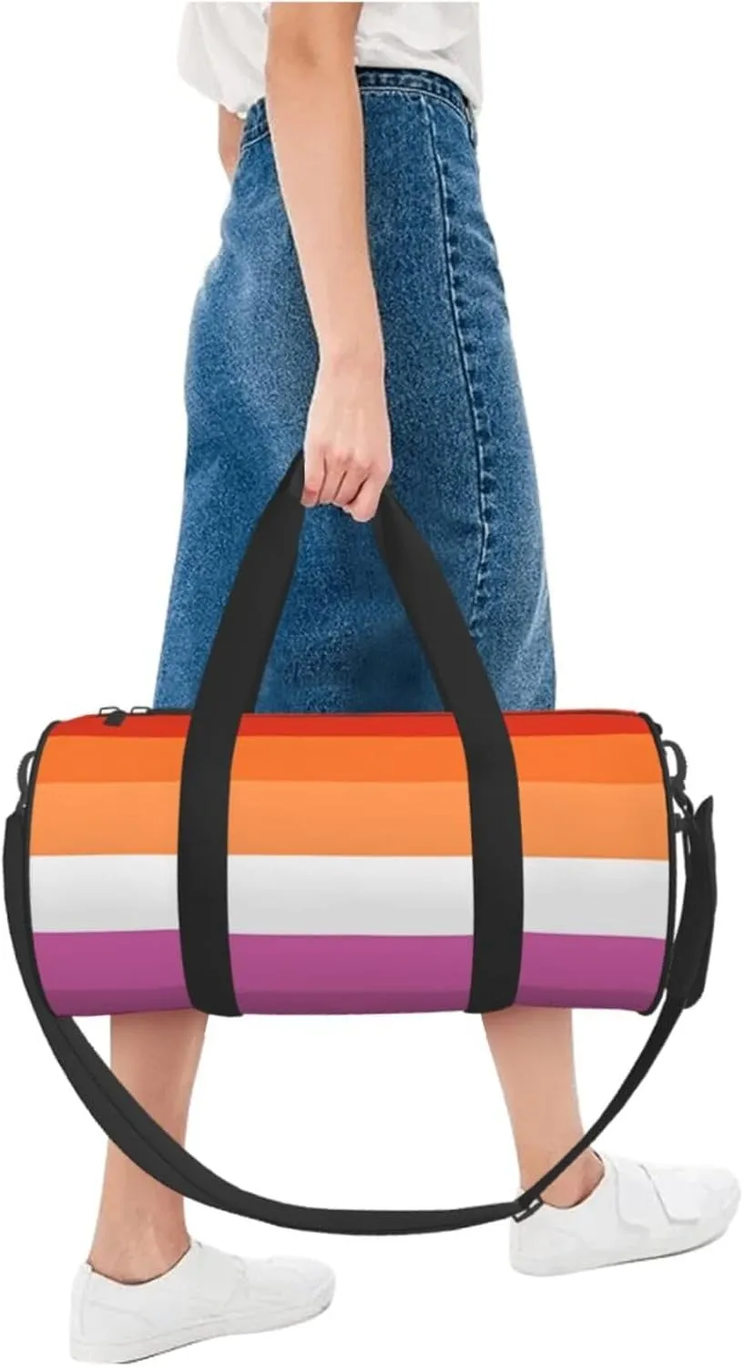 Orange Magenta Lesbian Pride Flag Round Travel Duffel Bag Large Capacity Gym Sports Bags for Hiking Vacation Trips