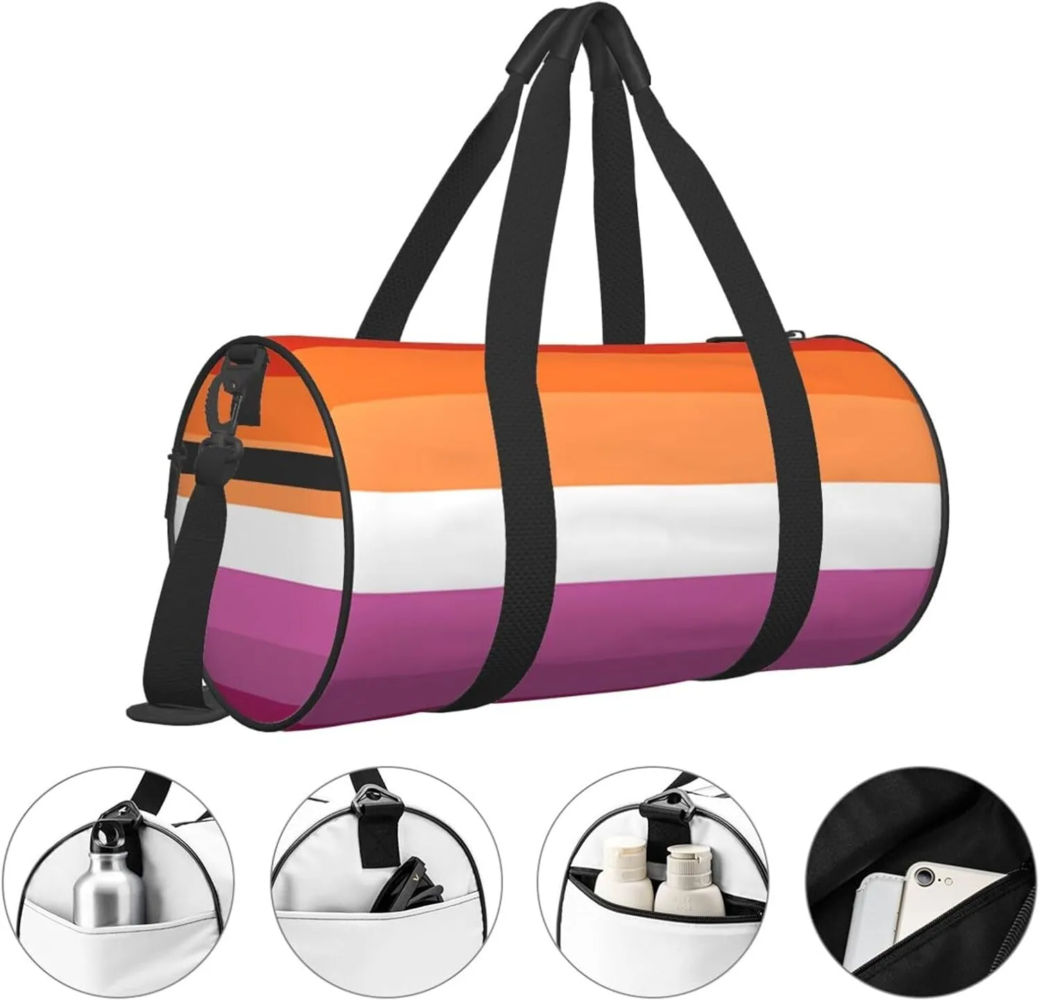 Orange Magenta Lesbian Pride Flag Round Travel Duffel Bag Large Capacity Gym Sports Bags for Hiking Vacation Trips