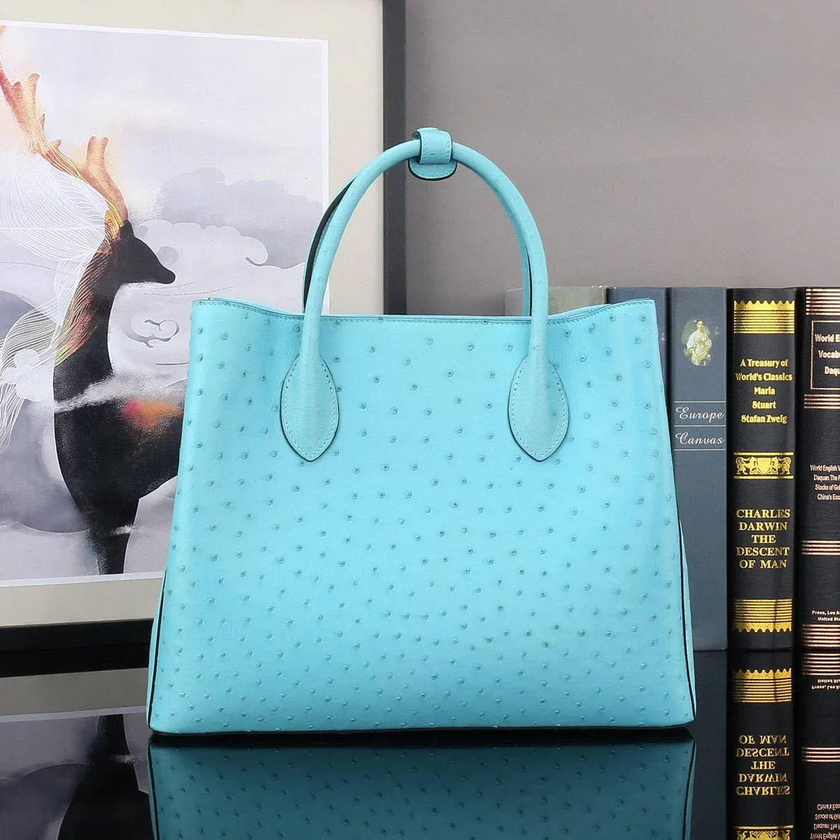 Ostrich Leather Top Handle Shoulder Bags 32cm Blue