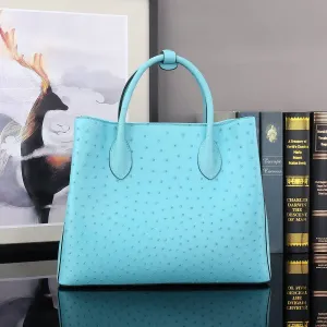 Ostrich Leather Top Handle Shoulder Bags 32cm Blue
