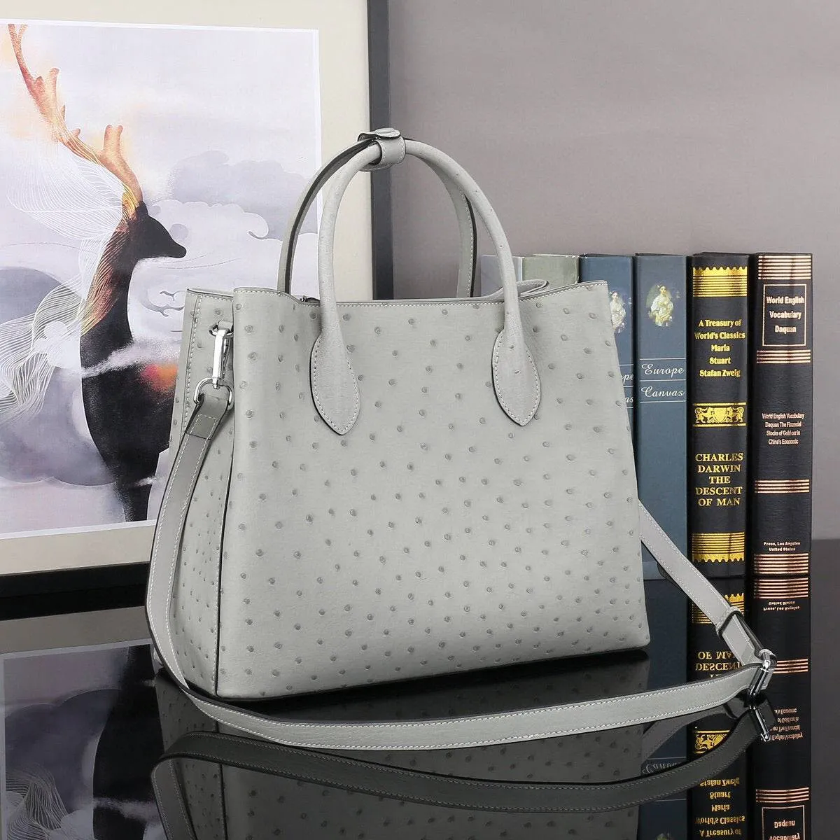 Ostrich Leather Top Handle Shoulder Bags 32cm Grey