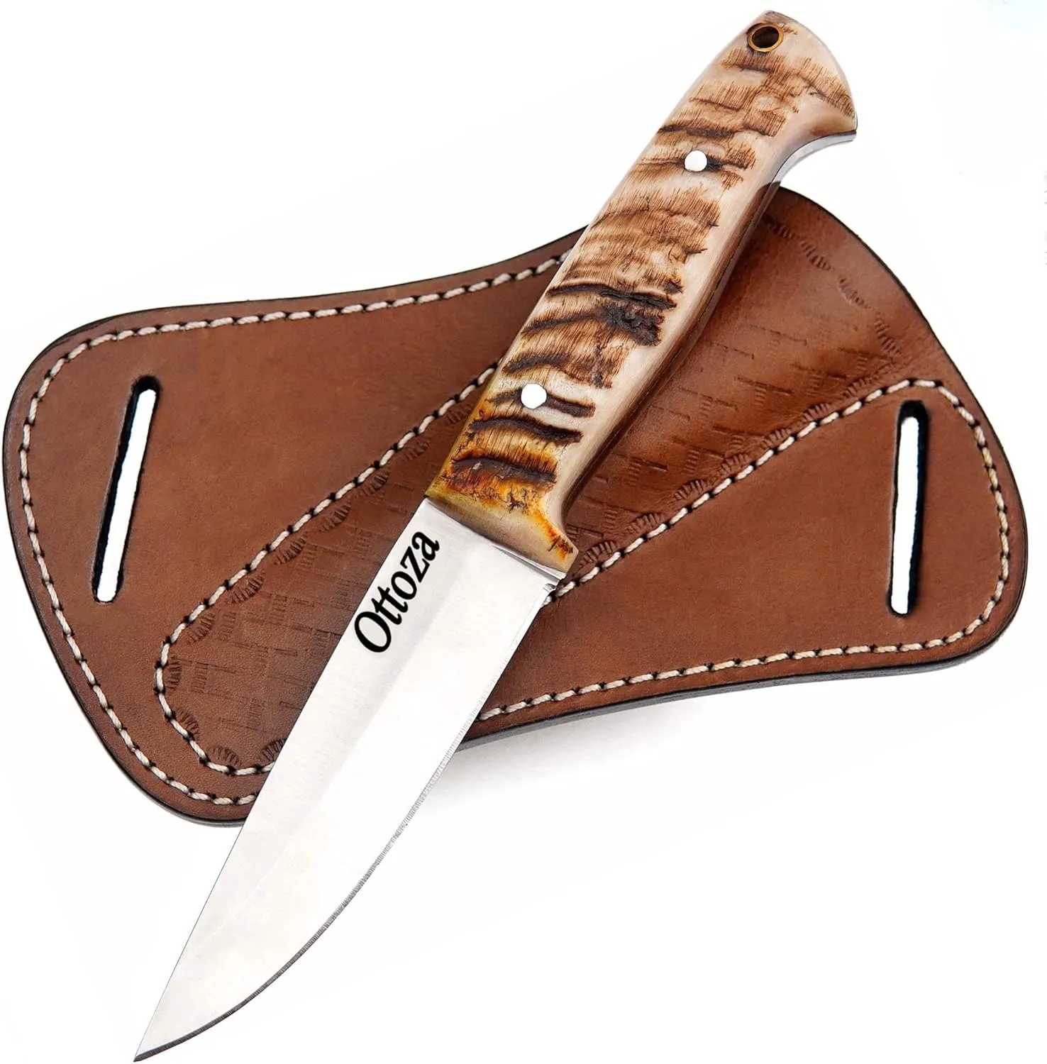Ottoza Bushcraft Knife & Ram Horn Handle, Outdoor Knife Survival Knife Camping Knife - 1095 High Carbon Steel Knife - 1095 Carbon Steel Fixed Blade Hunting Knives for Men Cross Draw Knife Sheath 398