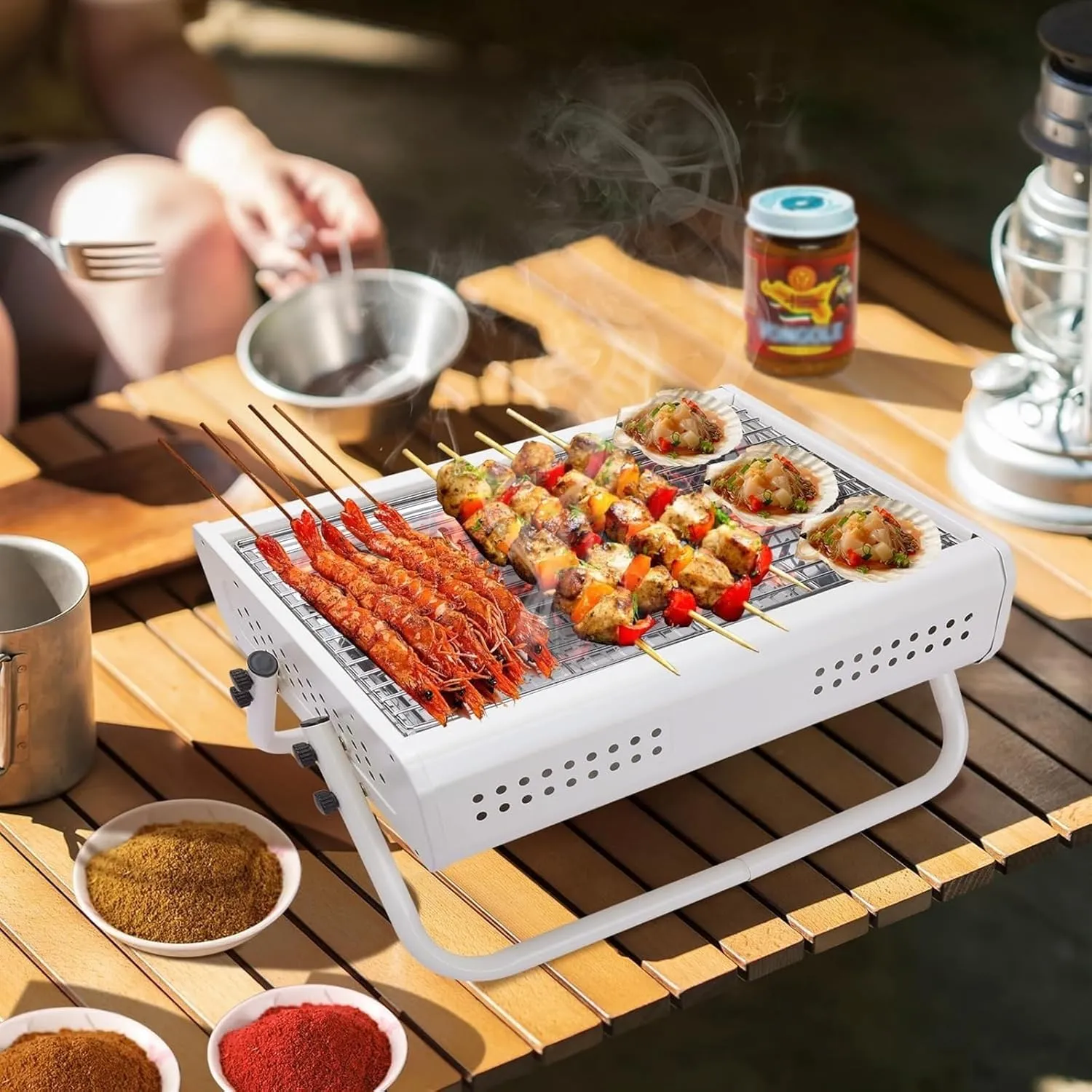 Outdoor Picnic Tabletop Charcoal Grill with Handle Portable BBQ Grill Outdoor Barbecue Grill for Camping Picnic Outdoor Grill(White)