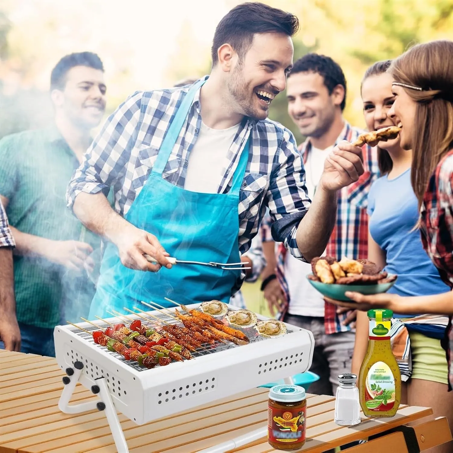 Outdoor Picnic Tabletop Charcoal Grill with Handle Portable BBQ Grill Outdoor Barbecue Grill for Camping Picnic Outdoor Grill(White)