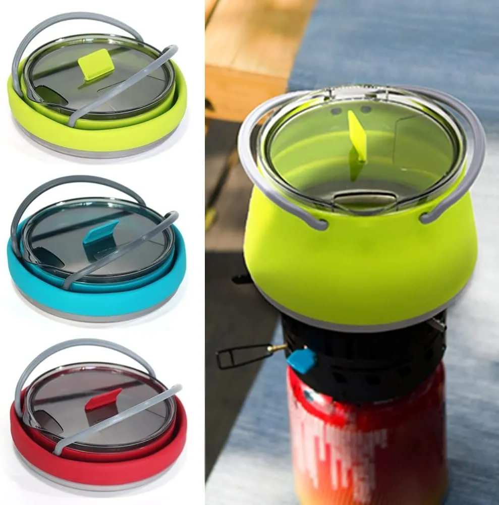 Outdoor Red and Green Travel Portable Heating Tea Coffee Rice Cooker Lightweight Silicone Folding Kettle with Handle(E)