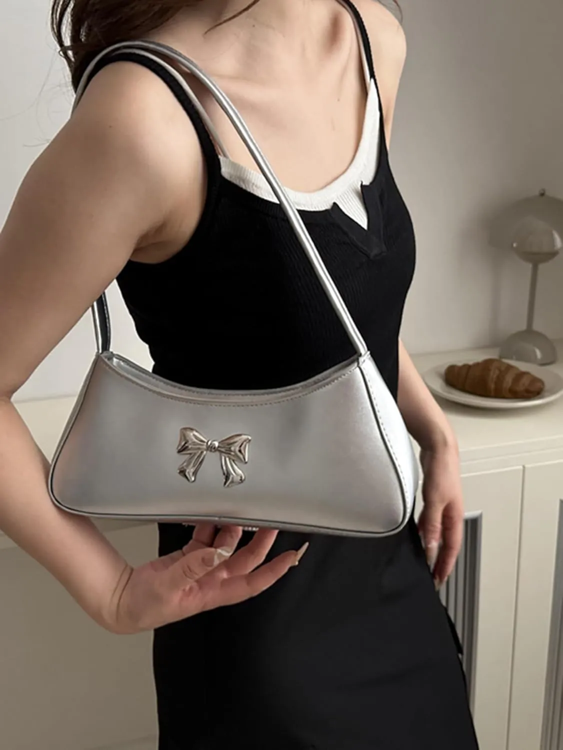 OYOANGLE Women's Bow Knot Zipper Shoulder Handbags Top Handle Tote Bag Underarm Bags Clutch Purses