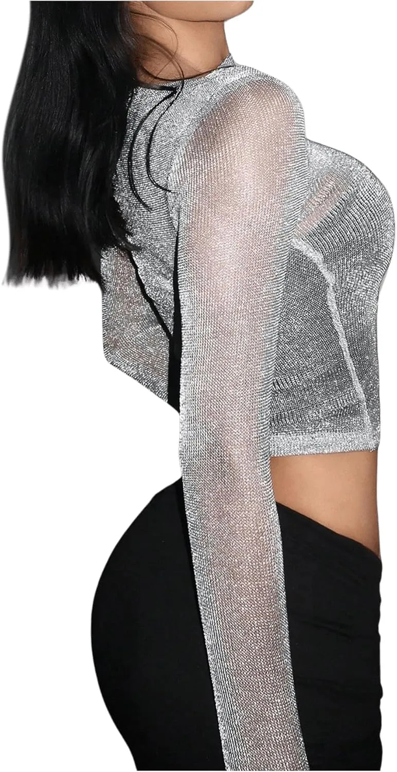 OYOANGLE Women's Glitter Mesh Sheer Long Sleeve Tee Shirt Slim Fitted Party Rave Tops