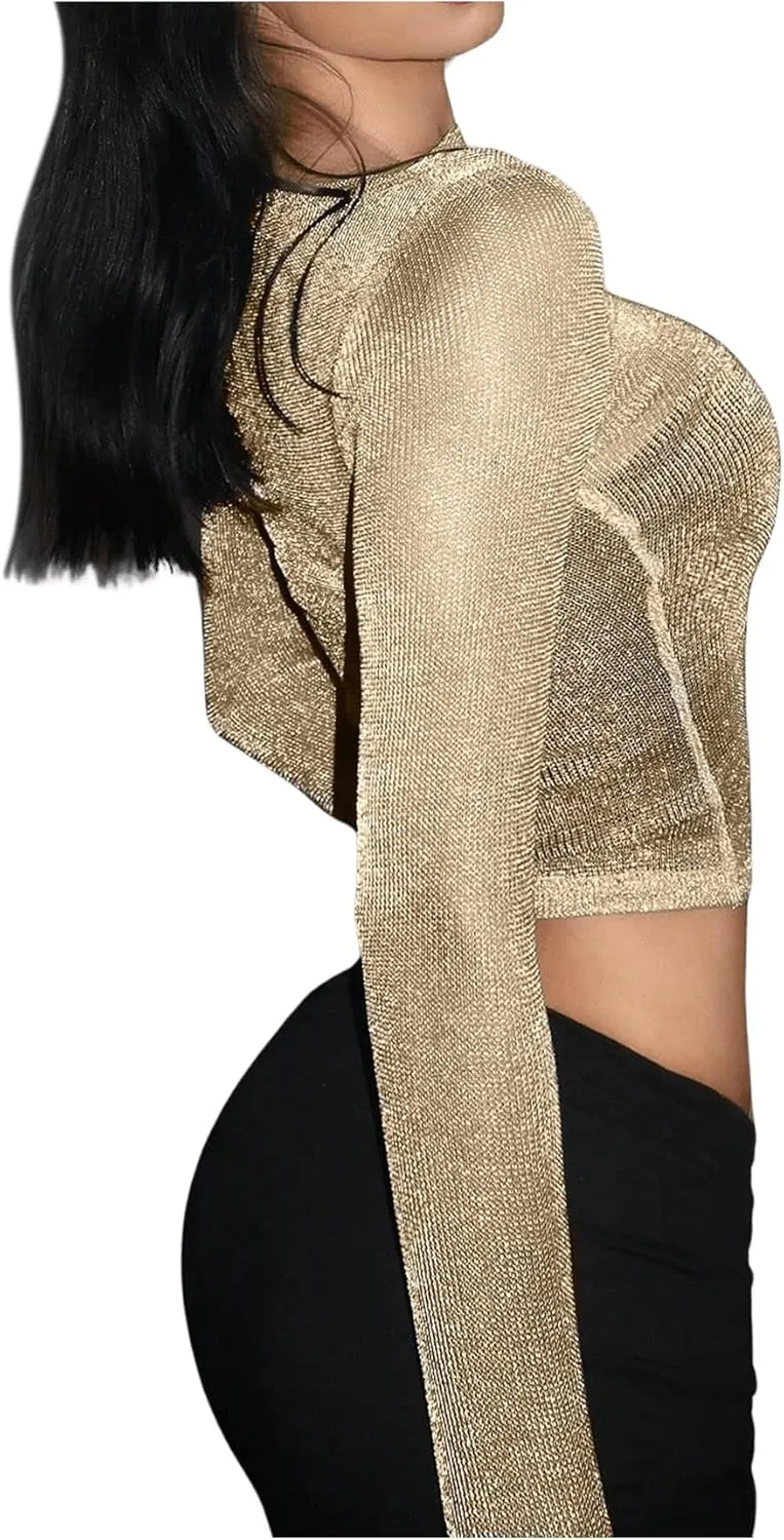 OYOANGLE Women's Glitter Mesh Sheer Long Sleeve Tee Shirt Slim Fitted Party Rave Tops