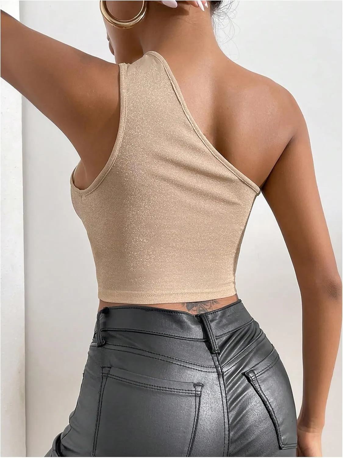 OYOANGLE Women's Tassel Fringe Trim One Shoulder Tank Top Sleeveless Crop Tops Party Clubwear