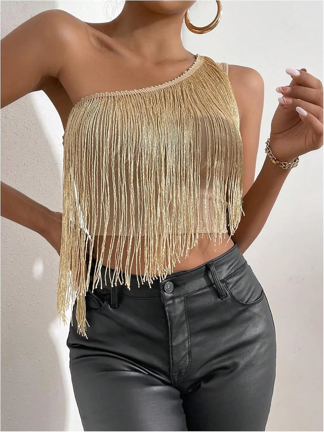 OYOANGLE Women's Tassel Fringe Trim One Shoulder Tank Top Sleeveless Crop Tops Party Clubwear