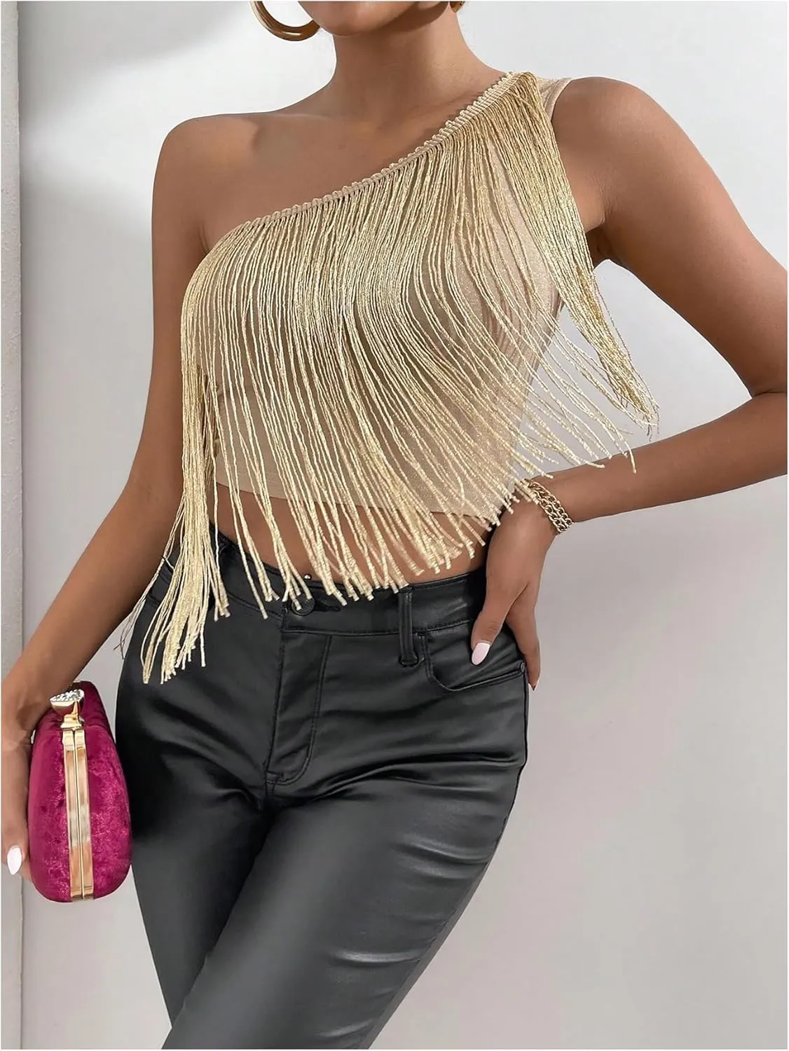 OYOANGLE Women's Tassel Fringe Trim One Shoulder Tank Top Sleeveless Crop Tops Party Clubwear