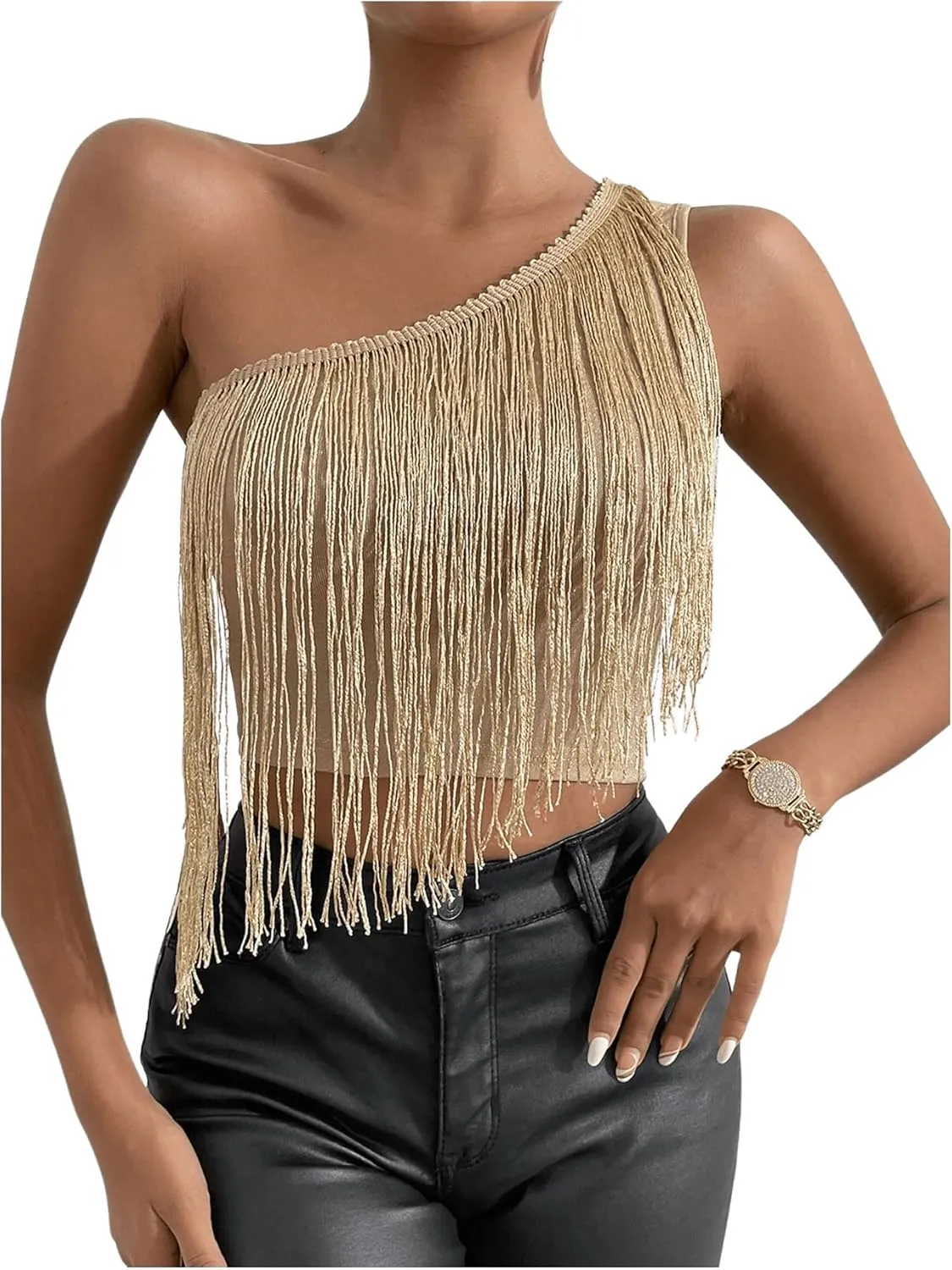 OYOANGLE Women's Tassel Fringe Trim One Shoulder Tank Top Sleeveless Crop Tops Party Clubwear