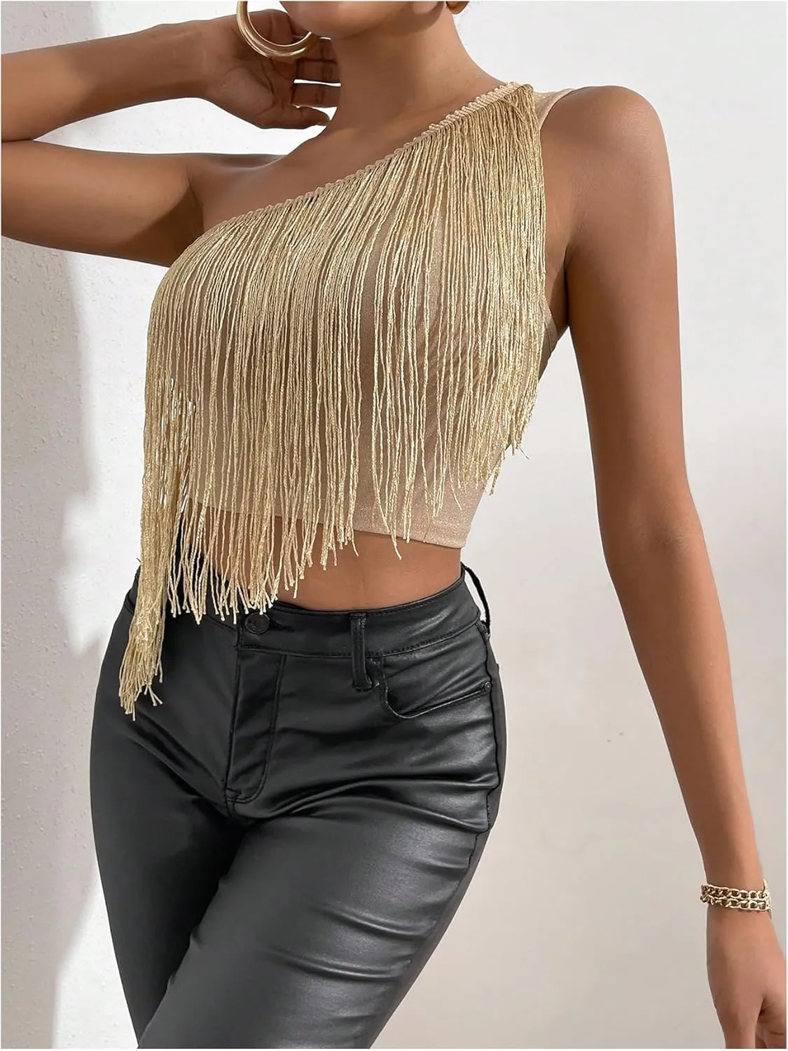OYOANGLE Women's Tassel Fringe Trim One Shoulder Tank Top Sleeveless Crop Tops Party Clubwear