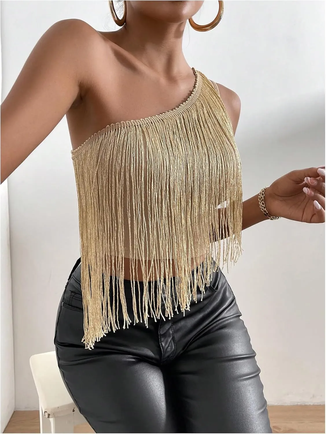 OYOANGLE Women's Tassel Fringe Trim One Shoulder Tank Top Sleeveless Crop Tops Party Clubwear
