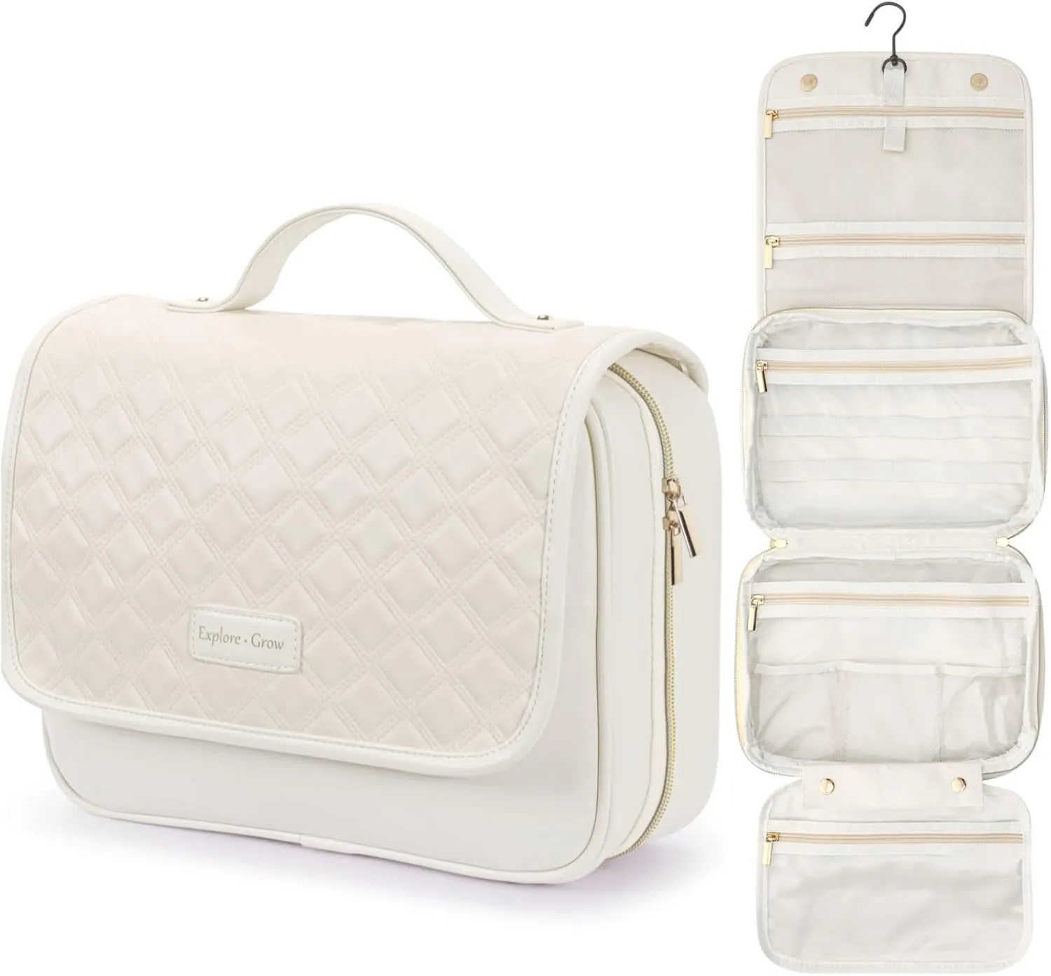 PACKISM Hanging Travel Toiletry Bag for Women - Quilted Plaid PU Leather Travel Makeup Bag with Detachable Bag, Waterproof Cosmetic Bag for Full-Sized Toiletries Fit Bathroom Cruise, Off-white (M)
