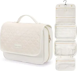 PACKISM Hanging Travel Toiletry Bag for Women - Quilted Plaid PU Leather Travel Makeup Bag with Detachable Bag, Waterproof Cosmetic Bag for Full-Sized Toiletries Fit Bathroom Cruise, Off-white (M)