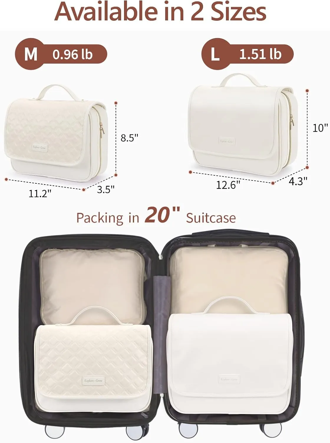 PACKISM Hanging Travel Toiletry Bag for Women - Quilted Plaid PU Leather Travel Makeup Bag with Detachable Bag, Waterproof Cosmetic Bag for Full-Sized Toiletries Fit Bathroom Cruise, Off-white (M)
