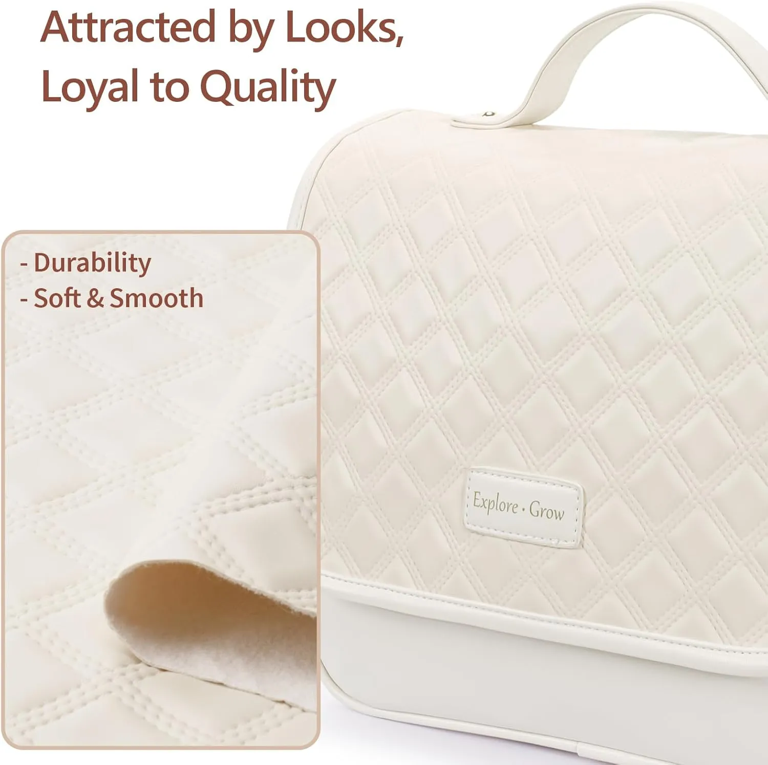 PACKISM Hanging Travel Toiletry Bag for Women - Quilted Plaid PU Leather Travel Makeup Bag with Detachable Bag, Waterproof Cosmetic Bag for Full-Sized Toiletries Fit Bathroom Cruise, Off-white (M)