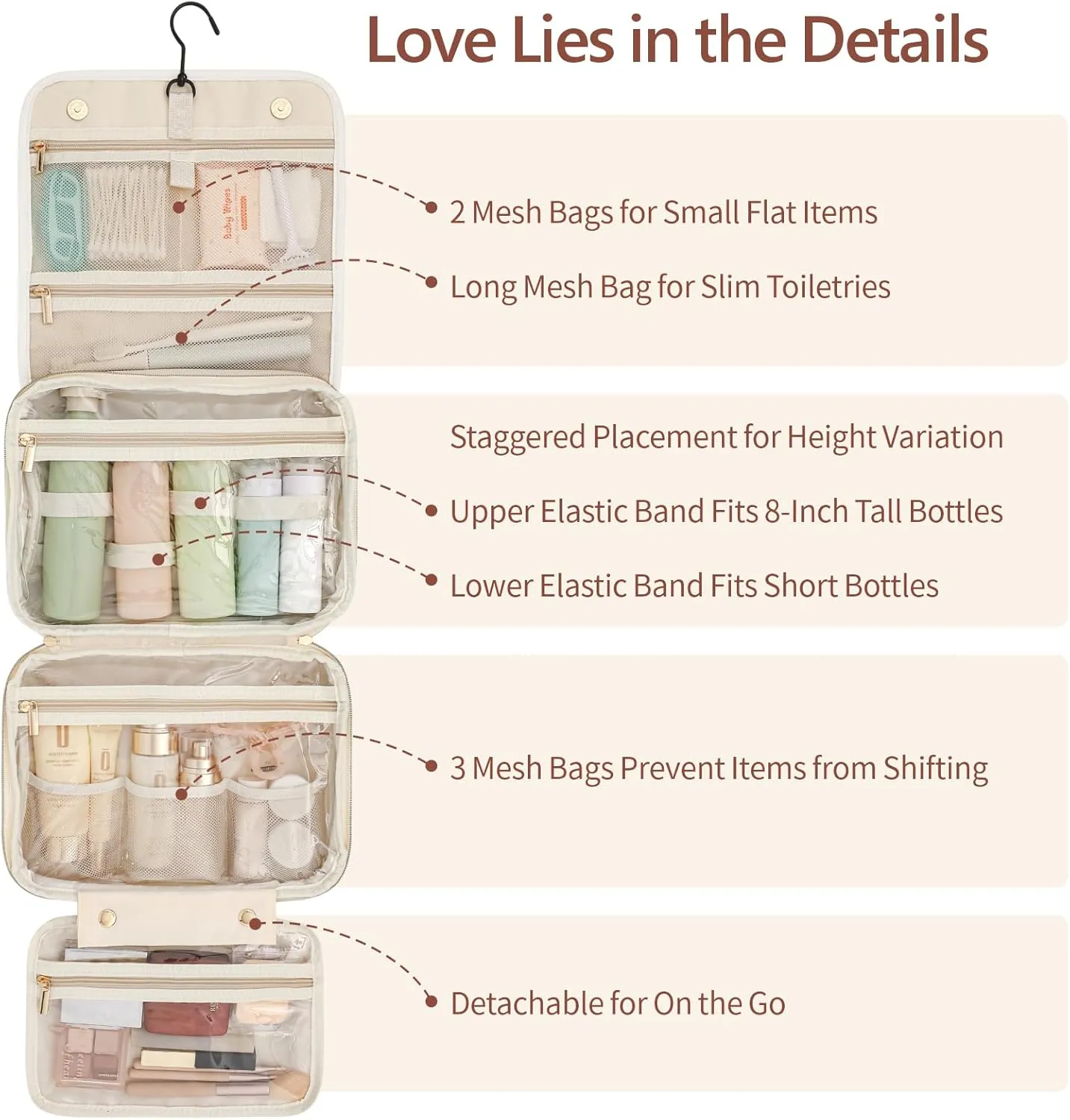 PACKISM Hanging Travel Toiletry Bag for Women - Quilted Plaid PU Leather Travel Makeup Bag with Detachable Bag, Waterproof Cosmetic Bag for Full-Sized Toiletries Fit Bathroom Cruise, Off-white (M)