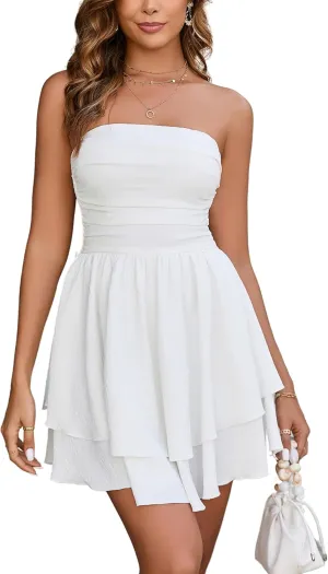 Parthea Women's Sexy Strapless Ruffle Hem Mini Dresses Ruched Waist Sleeveless A Line Tube Top Short Party Dress