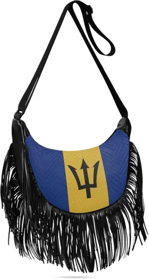 Patriot Tassel Crossbody Bag Flag Of Barbados Women Fringe Boho Handbag Hippie Purse Vintage Bohemian Shoulder Bag '70s Daily Bag Valentines Gift for Wife, Lover