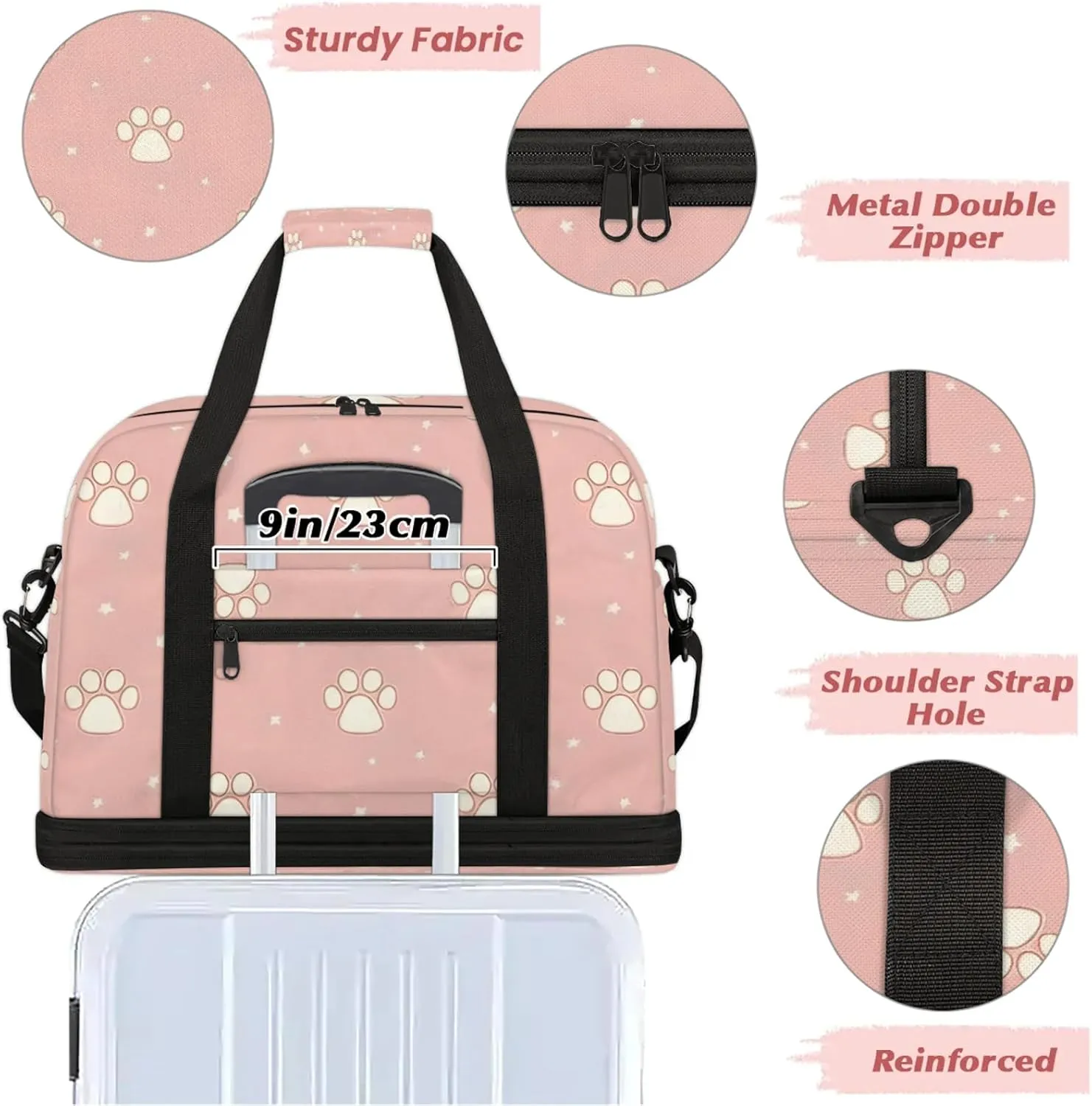 Paw Print White PinkTravel Duffel Bags for Women & Men Large Sports Gym Bags Foldie Weekender Overnight Bag Carry On Tote Bag With Shoe Compartment Personal Item Bag for Travel Sports Gym