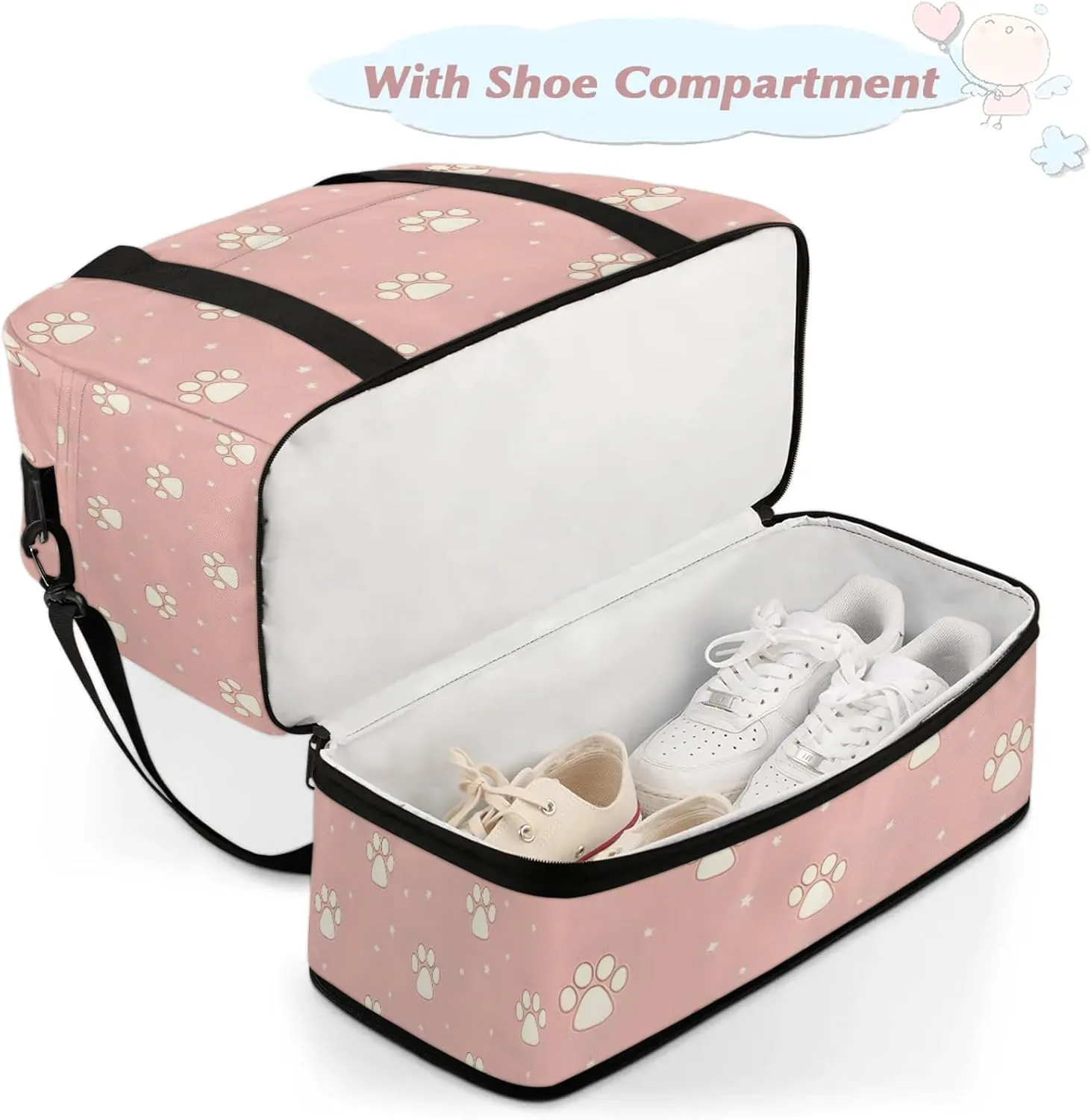 Paw Print White PinkTravel Duffel Bags for Women & Men Large Sports Gym Bags Foldie Weekender Overnight Bag Carry On Tote Bag With Shoe Compartment Personal Item Bag for Travel Sports Gym