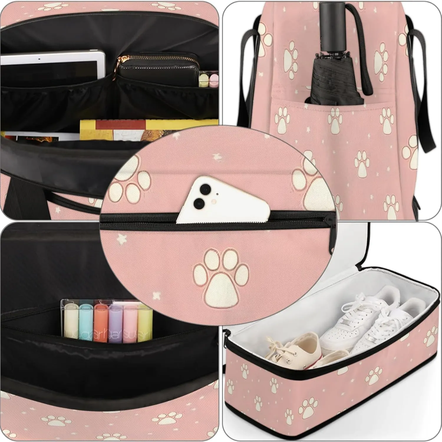 Paw Print White PinkTravel Duffel Bags for Women & Men Large Sports Gym Bags Foldie Weekender Overnight Bag Carry On Tote Bag With Shoe Compartment Personal Item Bag for Travel Sports Gym