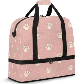 Paw Print White PinkTravel Duffel Bags for Women & Men Large Sports Gym Bags Foldie Weekender Overnight Bag Carry On Tote Bag With Shoe Compartment Personal Item Bag for Travel Sports Gym