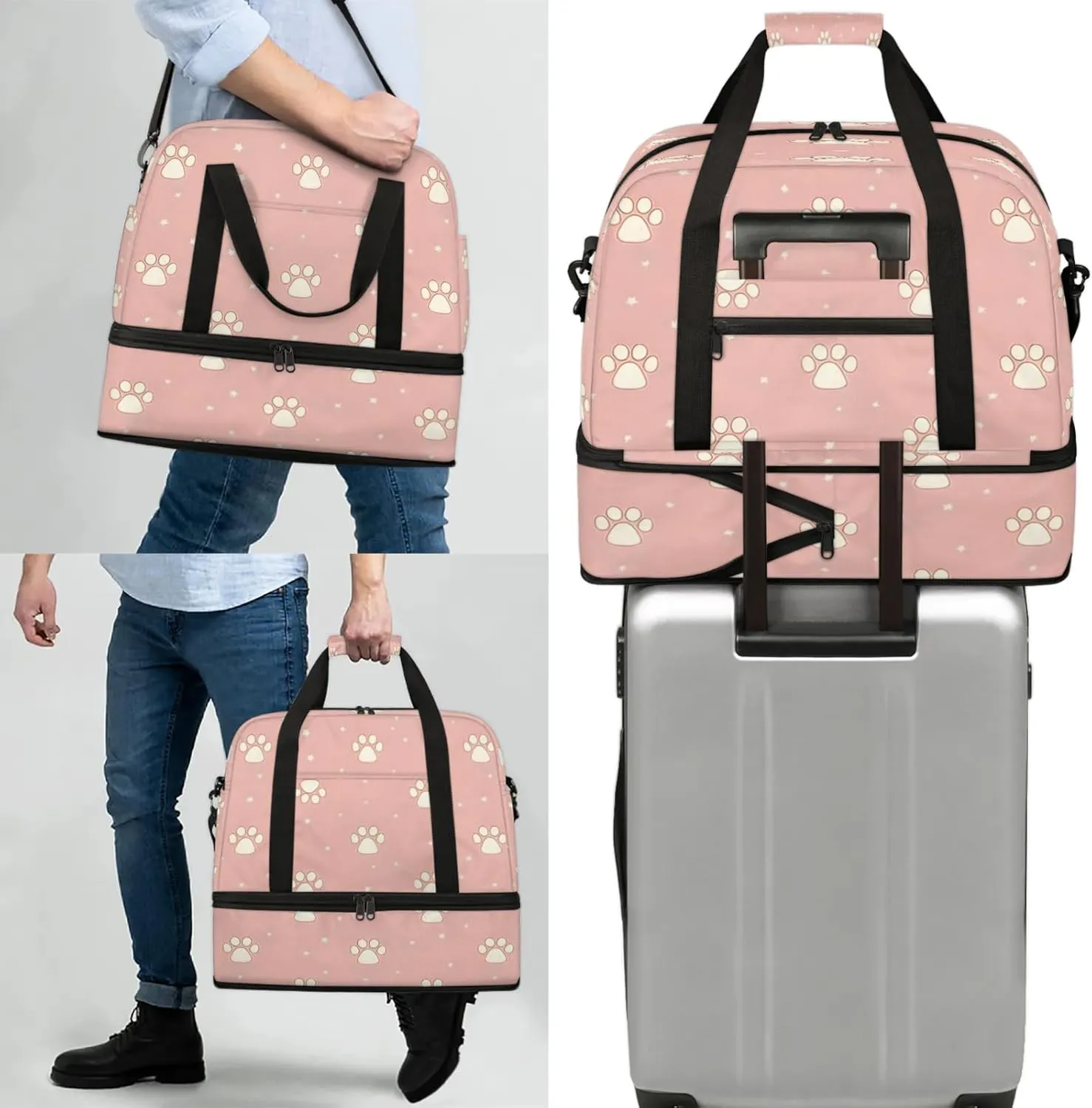 Paw Print White PinkTravel Duffel Bags for Women & Men Large Sports Gym Bags Foldie Weekender Overnight Bag Carry On Tote Bag With Shoe Compartment Personal Item Bag for Travel Sports Gym