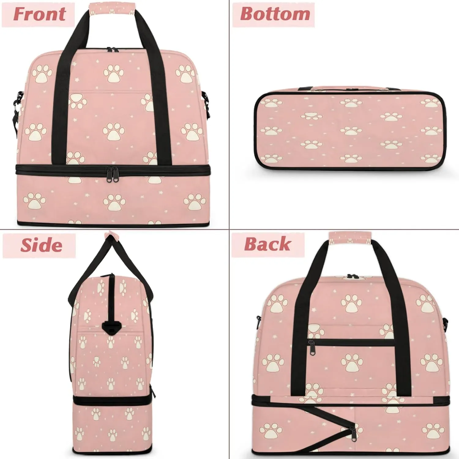 Paw Print White PinkTravel Duffel Bags for Women & Men Large Sports Gym Bags Foldie Weekender Overnight Bag Carry On Tote Bag With Shoe Compartment Personal Item Bag for Travel Sports Gym