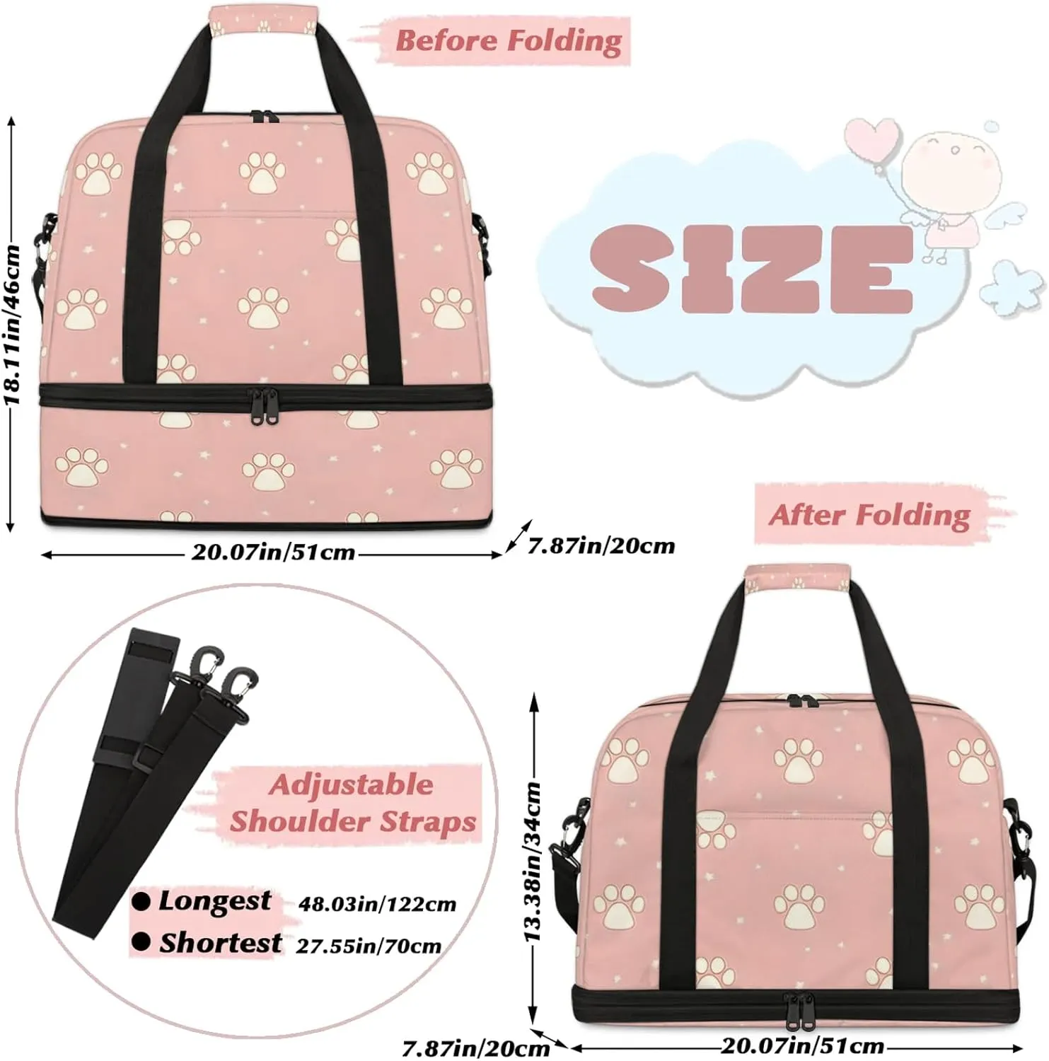 Paw Print White PinkTravel Duffel Bags for Women & Men Large Sports Gym Bags Foldie Weekender Overnight Bag Carry On Tote Bag With Shoe Compartment Personal Item Bag for Travel Sports Gym
