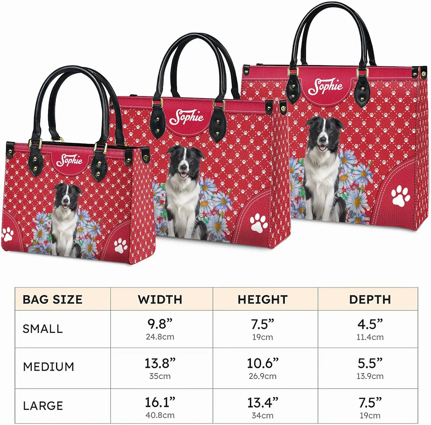 Personalized Border Collie Dog Handbags, Custom Name Dog Leather Bags, Purses, Shoulder Bag, Gift For Dog Mom Dog Lover