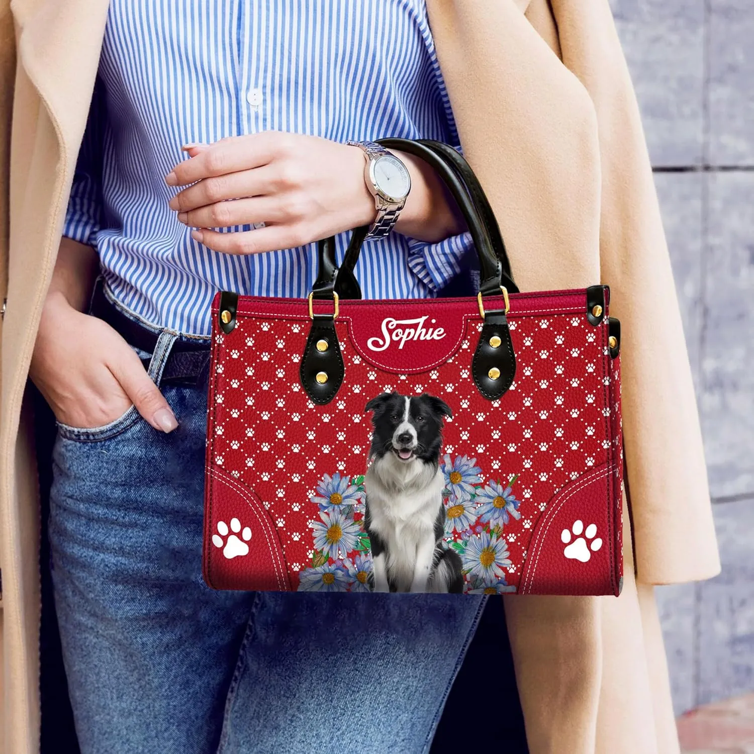 Personalized Border Collie Dog Handbags, Custom Name Dog Leather Bags, Purses, Shoulder Bag, Gift For Dog Mom Dog Lover
