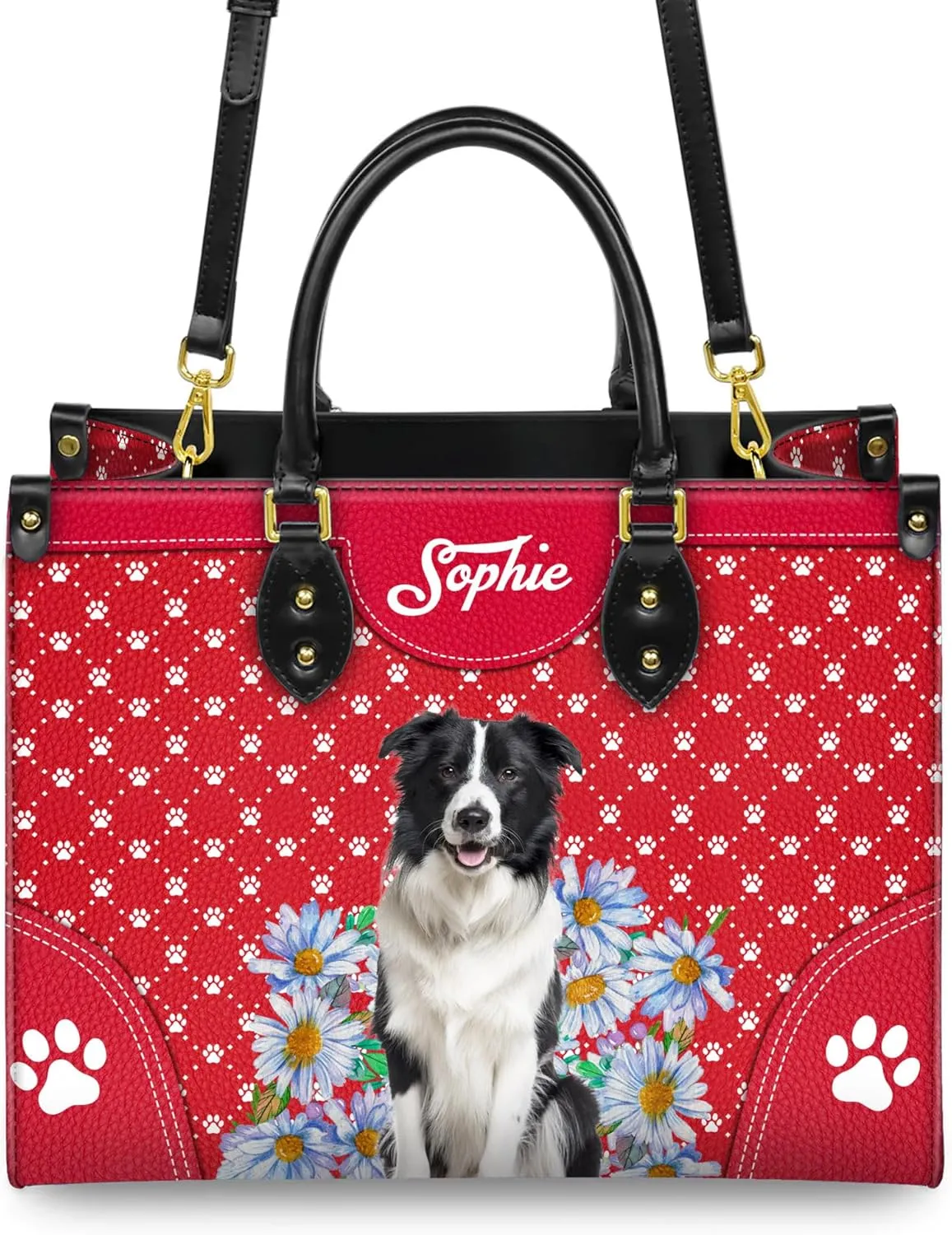 Personalized Border Collie Dog Handbags, Custom Name Dog Leather Bags, Purses, Shoulder Bag, Gift For Dog Mom Dog Lover