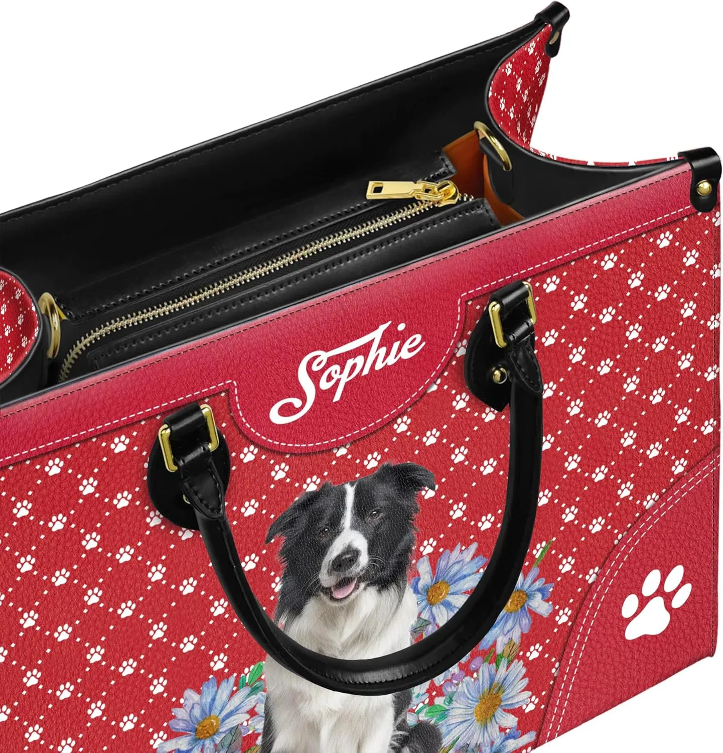 Personalized Border Collie Dog Handbags, Custom Name Dog Leather Bags, Purses, Shoulder Bag, Gift For Dog Mom Dog Lover