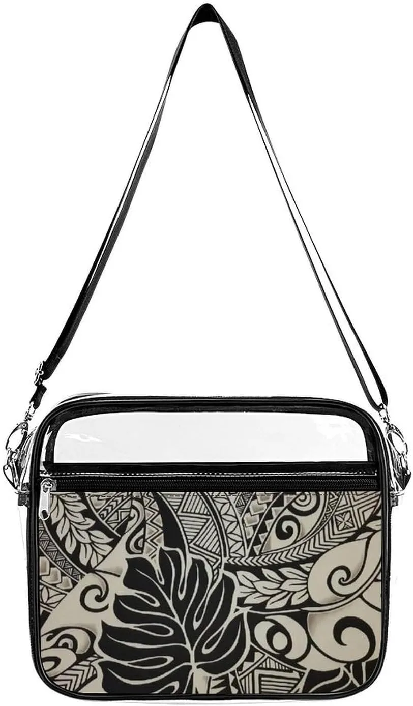 Polynesian Tattoo Hawaiian Fabric Clear Stadium Bag Clear Messenger Bag Shoulder Bag with 2 Compartments Clear Crossbody Bag
