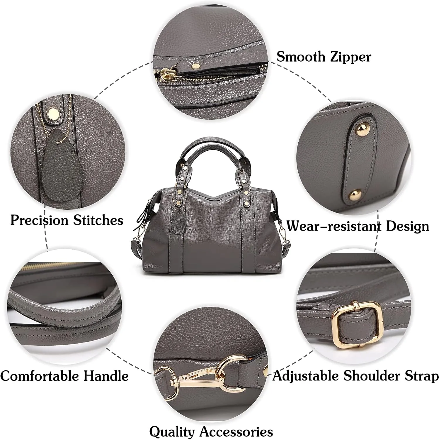 PORRASSO Elegant Handbag - Ladies Shoulder Crossbody Top-Handle Bag - Waterproof PU Leather - Grey