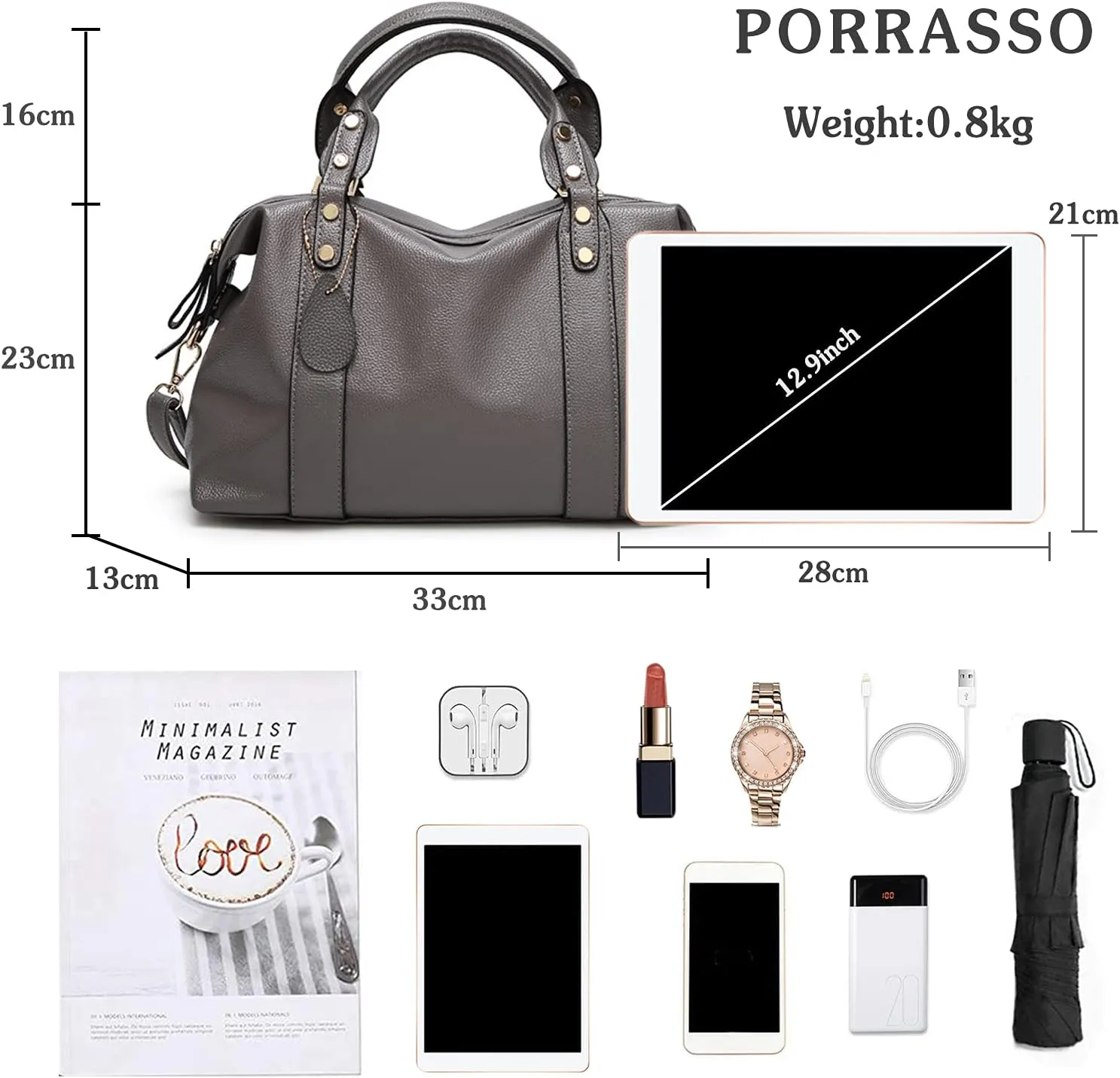 PORRASSO Elegant Handbag - Ladies Shoulder Crossbody Top-Handle Bag - Waterproof PU Leather - Grey