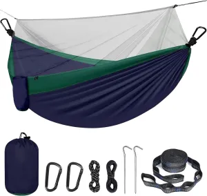 Portable Double Camping Hammock with Mos-Quito Net - 2-Person Lightweight Nylon Parachute Hammock for Outdoor Camping, Hiking, and Travel