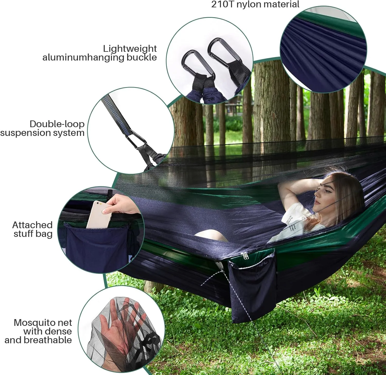 Portable Double Camping Hammock with Mos-Quito Net - 2-Person Lightweight Nylon Parachute Hammock for Outdoor Camping, Hiking, and Travel