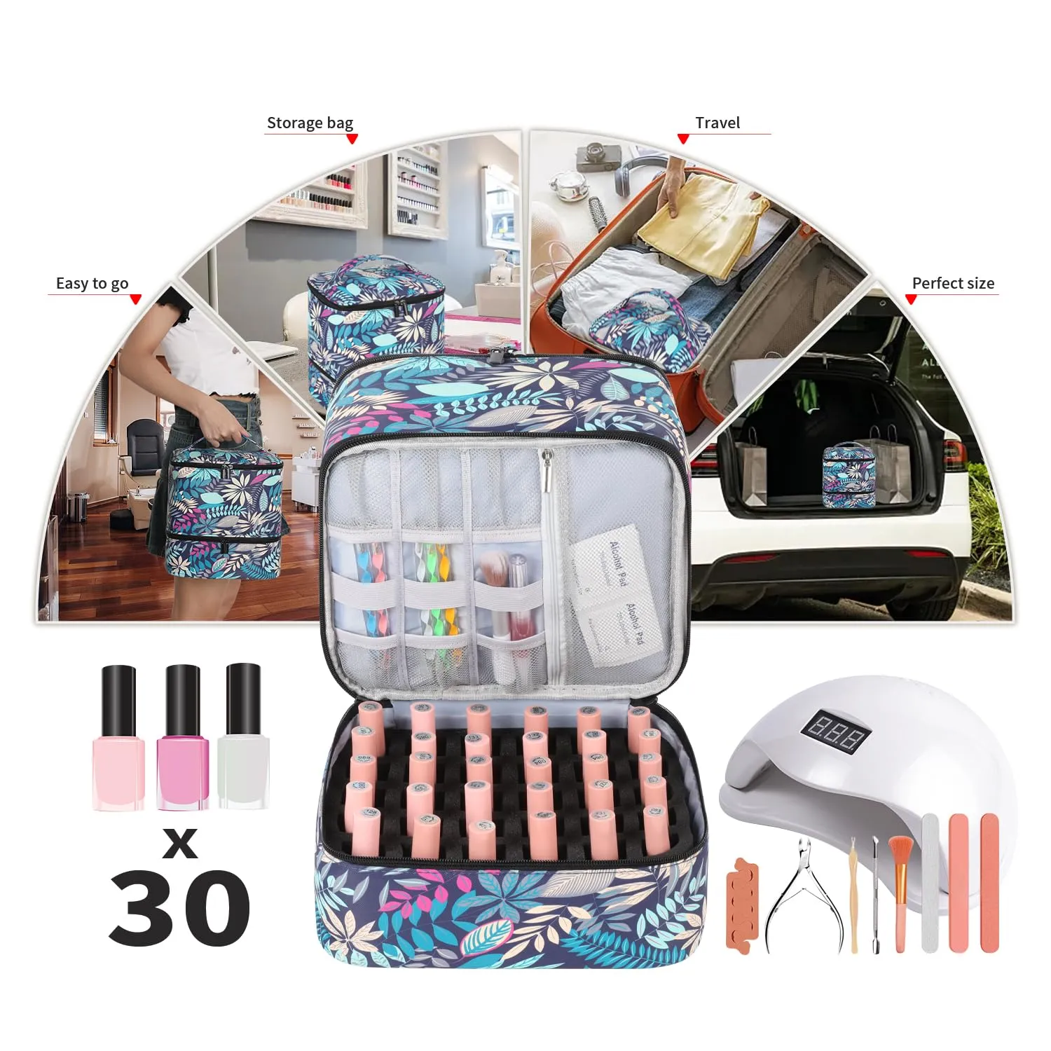 Portable Nail Polish Storage Bag with UV Light Case - Holds 30 Bottles and 1 UV LED Nail Lamp, Double-Layers Nail Dryer Case for Gel Nail Polish Kit, Nail Art Decorations （Leaves）