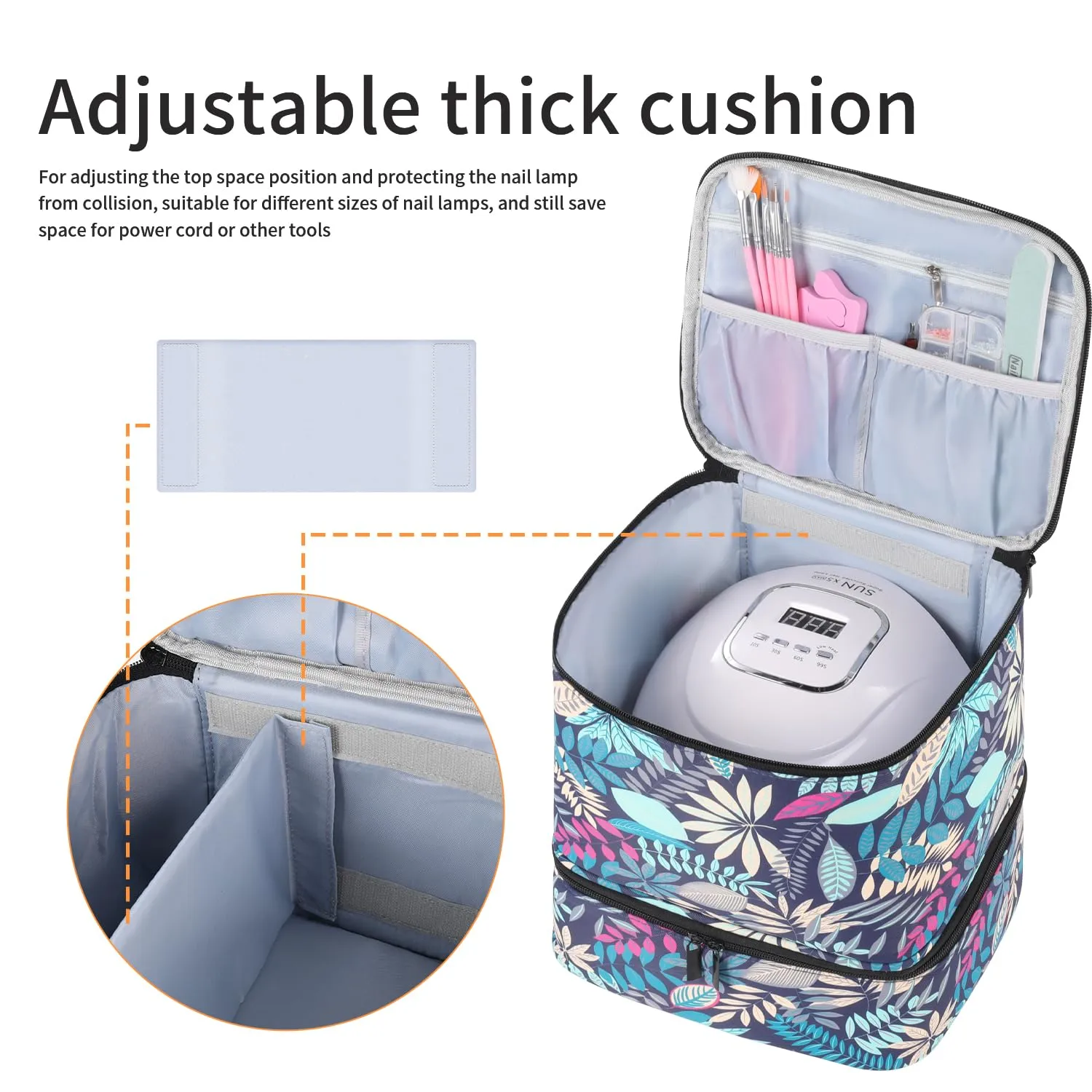 Portable Nail Polish Storage Bag with UV Light Case - Holds 30 Bottles and 1 UV LED Nail Lamp, Double-Layers Nail Dryer Case for Gel Nail Polish Kit, Nail Art Decorations （Leaves）